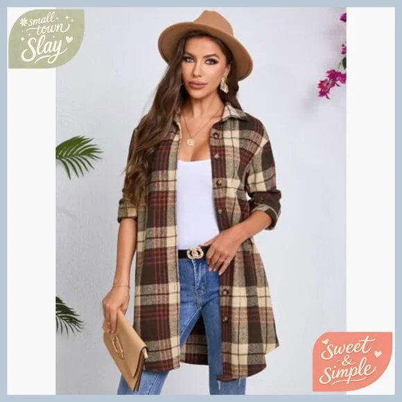 Women's Flannel Button-Down Shirt Long Sleeve Loose Fit Plaid Top - Picture 3 of 7